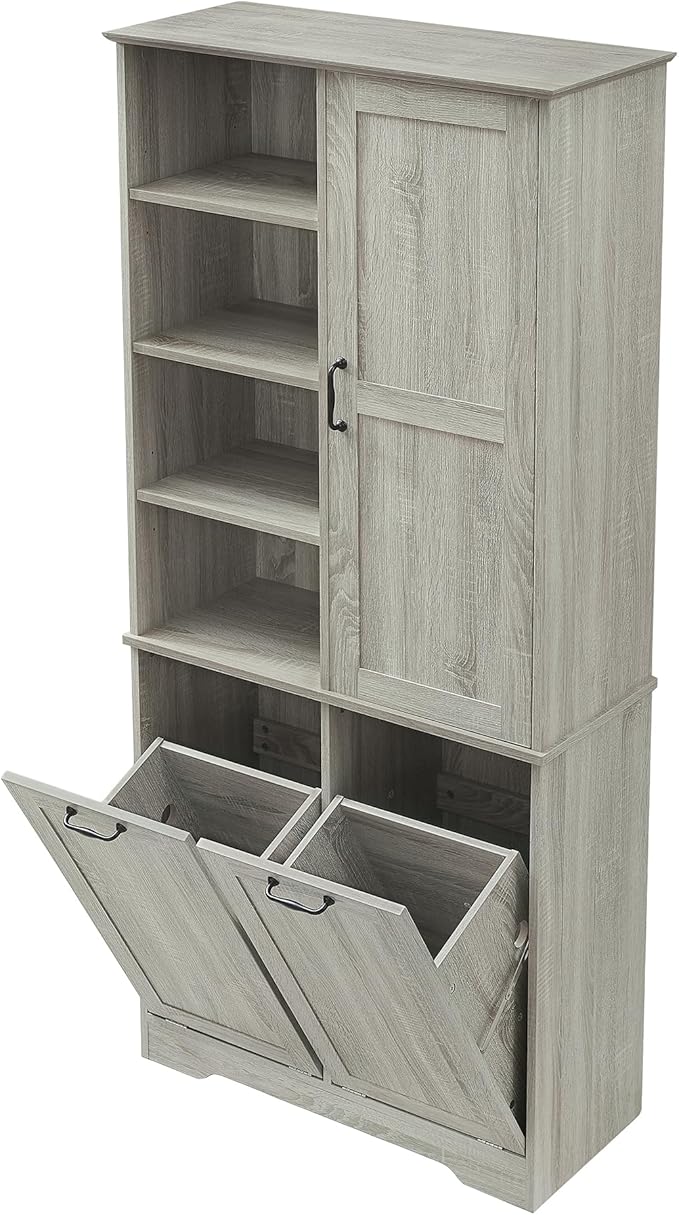 68" Tall Bathroom Storage Cabinet with One Door and Two Laundry Hampers for Home Display Organizer, Adjustable Shelf, Oak