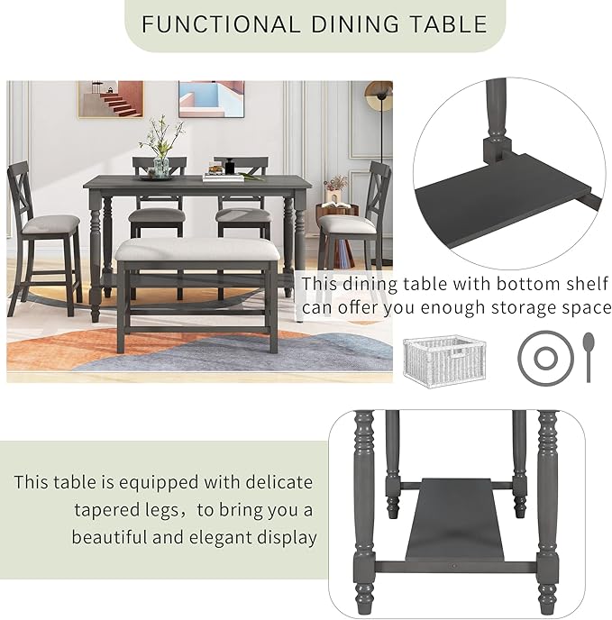 VilroCaz Modern Elegant 6-Piece Counter Height Kitchen Dining Table Set, Solid Wood 60'' Rectangle Table with Bottom Shelf, 4 Comfort Upholstered Chairs 1 Bench for Dining Room Restaurant (Gray)