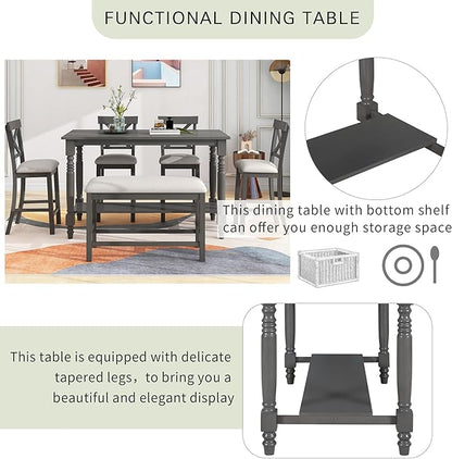 VilroCaz Modern Elegant 6-Piece Counter Height Kitchen Dining Table Set, Solid Wood 60'' Rectangle Table with Bottom Shelf, 4 Comfort Upholstered Chairs 1 Bench for Dining Room Restaurant (Gray)