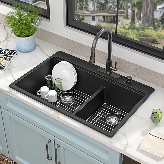 33 Granite Composite Kitchen Sink Double Bowl - Fulorni 33"x22" Matte black Granite Kitchen Sink Ledge Workstation Drop in Topmount Double Bowl 60/40 Quartz Classic Above Counter Basin