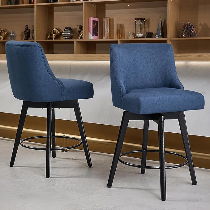 Counter Height Bar Stools Set of 3, Swivel Barstools with Backs and Wood Legs, Linen Fabric Upholstered Counter Stools for Kitchend Island, Mid-Century Modern 26" Seat Height Bar Chairs, Blue