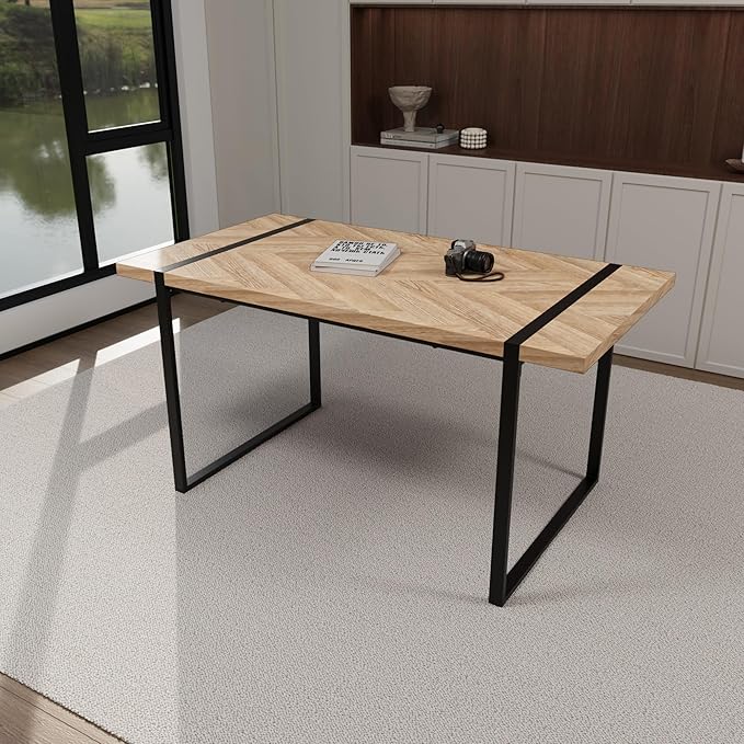 47" Waterproof MDF Dining Table, Island Table with Metal Legs, Rustic Dining Tables with Non-Slip Pads for Kitchen & Family Gatherings, Wood