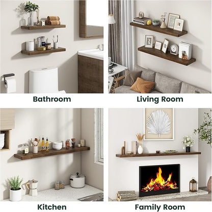 48 Inch Flat Edge Floating Shelves, 8 Inch Deep Solid Elm Wood Wall Shelf, Heavy-Duty Wall Mounted Shelf with Invisible Brackets for Living Room, Bathroom, Kitchen, Set of 1, Walnut Color
