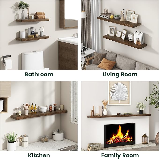24 Inch Flat Edge Floating Shelves, 8 Inch Deep Solid Elm Wood Wall Shelf, Heavy-Duty Wall Mounted Shelf with Invisible Brackets for Living Room, Bathroom, Kitchen, Set of 2, Walnut Color