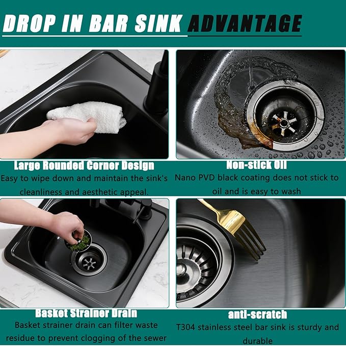 15 Inch Black Drop In Bar Sink-Bokaiya 15x15 Small Wet Bar Prep Sink Outdoor Rv 18 Gauge Stainless Steel Single Bowl Kitchen Sinks with Dish Grid