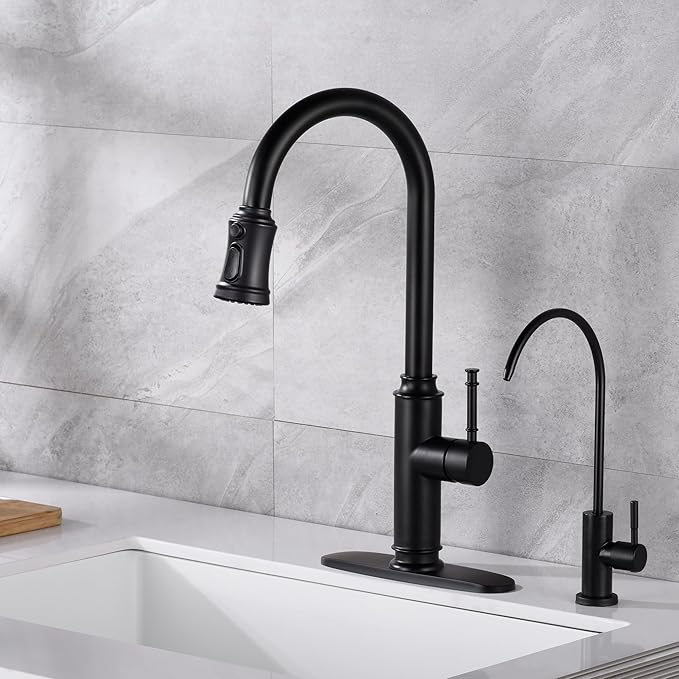 SUMERAIN Stainless Steel Matte Black Kitchen Sink Faucets with Pull Down Sprayer and 10" Deck Plate Single Lever