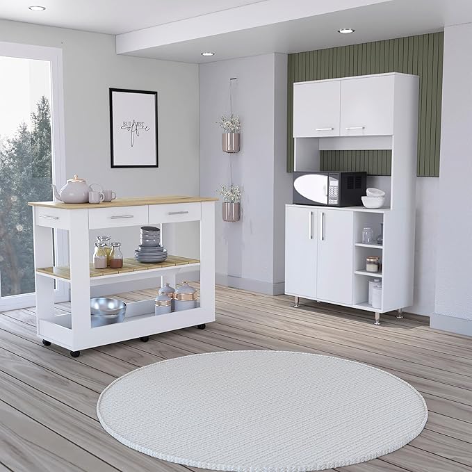 GOWE Nadina 4-Door 2-Drawer 2-Piece Kitchen Set, Kitchen Island and Kitchen Pantry White and Light Oak