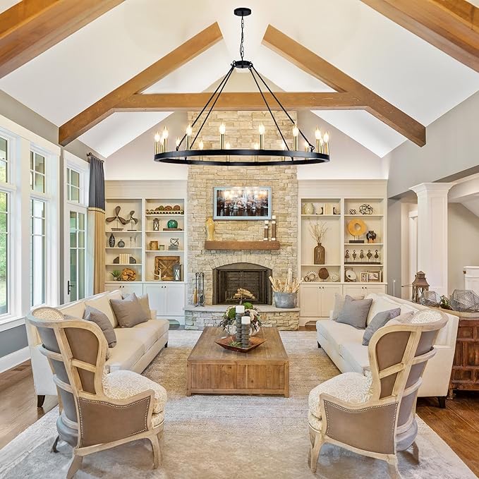 43" Wagon Wheel Chandelier, 16-Light Farmhouse Chandeliers for Dining Room, Black and Gold Foyer Lighting Fixtures, Hanging Pendant Lights Kitchen Island, for Living Room, Entryway, Hallway