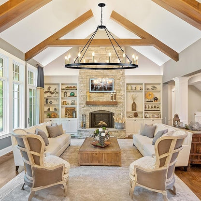 43" Wagon Wheel Chandelier, 16-Light Farmhouse Chandeliers for Dining Room, Black and Gold Foyer Lighting Fixtures, Hanging Pendant Lights Kitchen Island, for Living Room, Entryway, Hallway