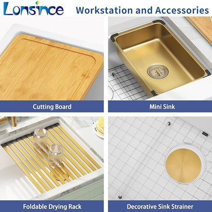 White Undermount Kitchen Sink 33 X 18 inch,Granite Composite Kitchen Sink Offset Drain,Undermount/Drop In Kitchen Sinks with Workstation,Large Single Basin (White, 33" X 18")