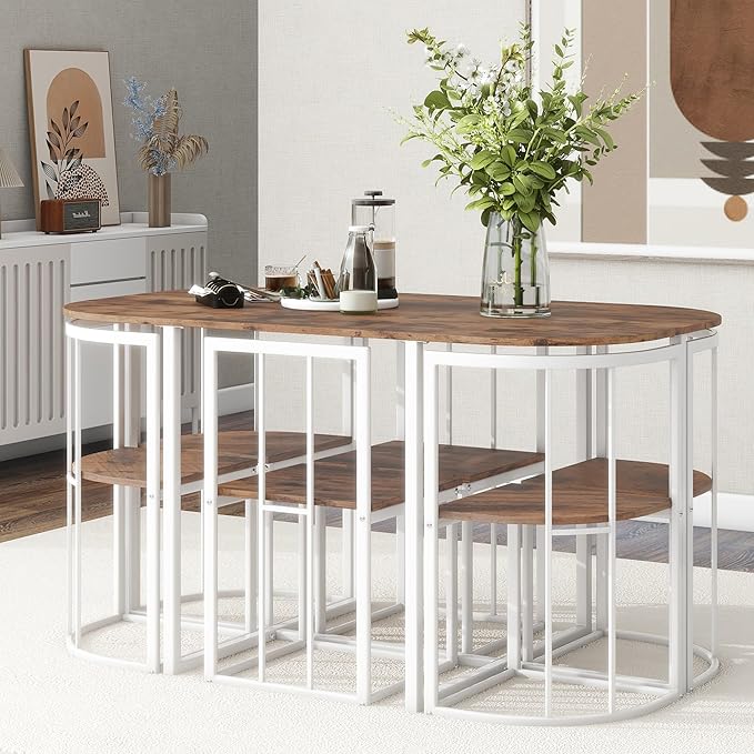 RuiSiSi Modern Dining Table Set for 6 Kitchen Table Set with 6 Dining Chairs and Faux Marble Tabletop for Kitchen, Dining Room, Small Space, Cherry+White
