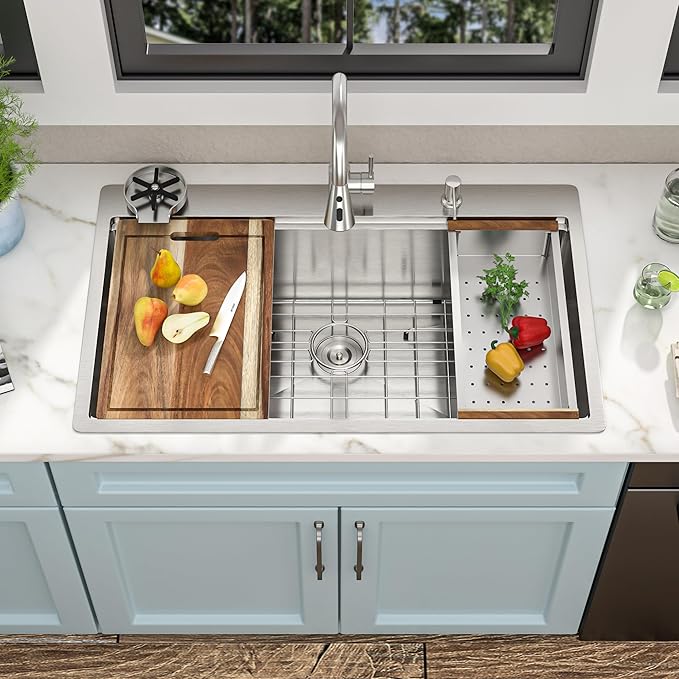 36"x22" Drop In Ledge Workstation Kitchen Sink – 16 Gauge 304 Stainless Steel Top Mount Overmount Single Bowl Sink Basin with Faucet Combo & Glass Rinser