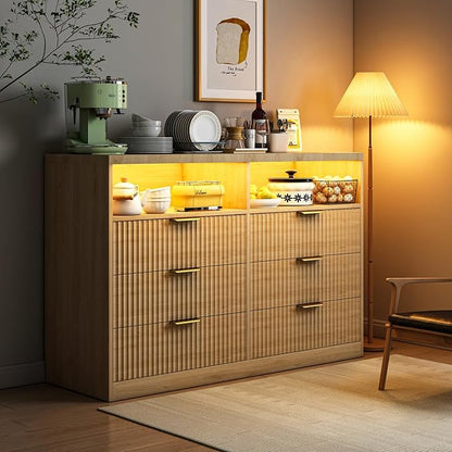 Coffee Bar Cabinet with Charging Station and Lighting, 47" Wide Wood Fluted Storage Cabinet with 6 Drawers and Open Shelves, Natural Oak