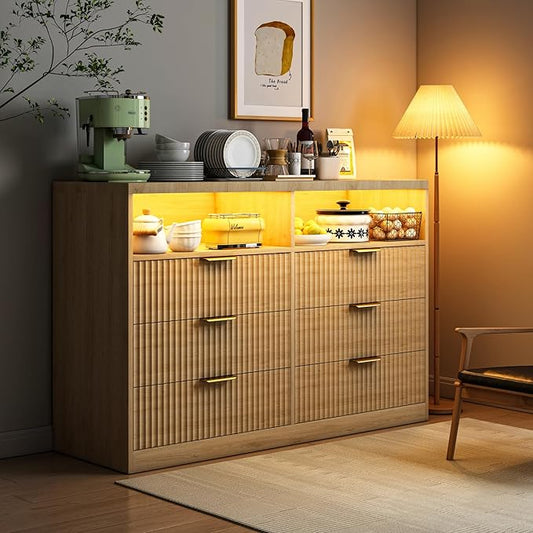Coffee Bar Cabinet with Charging Station and Lighting, 47" Wide Wood Fluted Storage Cabinet with 6 Drawers and Open Shelves, Natural Oak