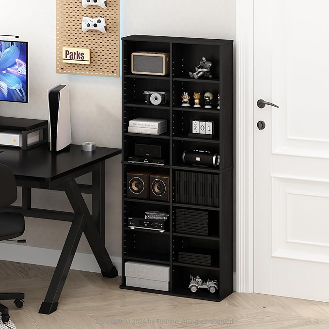Furinno Jaya DVD Shelf, 16-Shelf Wide CD Rack, Media Shelf with Adjustable Shelves, 8 x 2 DVD Storage Cabinets for CD Blueray Game Disc, Easy Assembly, for Living Room, Home Office, Americano