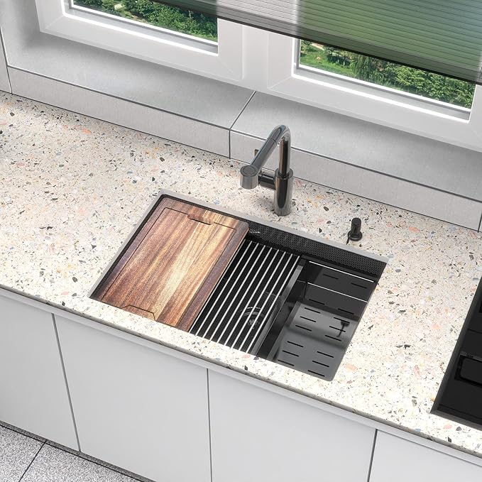 28inch Black Kitchen Sink Undermount - Feibus 28x19x10 with Double Step Workstation 16 Gauge Honeycomb Embossment Stainless Steel Single Bowl