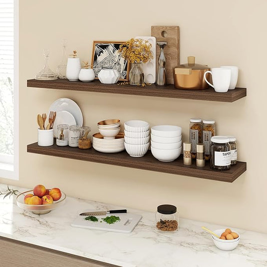 Acovy 48 Inch Floating Shelves, 9.3" Deep Floating Shelf Wall Mounted, 48" Wall Shelves, Rustic Deep Bookshelf, Large Display Shelves & Storage Shelves for Bedroom, Living Room, Walnut, Set of 1