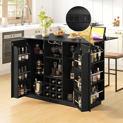 47.2" Kitchen Island with Drop Leaf & Power Outlet, Wine Bar with Bottle Rack & Glass Holder, 2-Door Buffet Sideboard with Side Shelves for Dining Room (Black-85R)