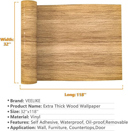 VEELIKE Light Brown Wood Contact Paper Peel and Stick Wood Wallpaper 32''x118'' Thick Wood Grain Contact Paper for Countertops Waterproof Removable Wood Viny Wrap for Cabinets Table Shelves Furniture