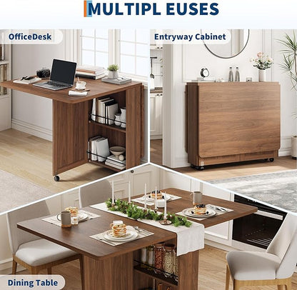 Garvee Folding Dining Table with Storage, Folding Kitchen Table with 6 Wheels, Drawer & Shelves, Compact Dining Table for Small Spaces