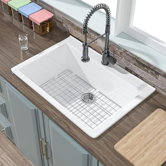 30x22 Drop In Kitchen Sink White 1 Hole, 30 Inch Topmount Fireclay Sink Drop In Single Bowl, Heavy Duty Large Capacity Deep Basin, w 2 Accessories, Pure White, for Kitchen, Laundry