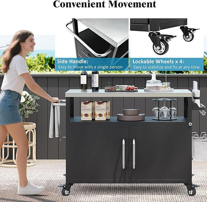 Modern Dining Table Outdoor Kitchen Island with Sink 55.5in, Metal Grill Cart Table with Stainless Steel Sink, Outdoor Bar Cart Sink Station with 4 Lockable Wheels for Pizza Prep,