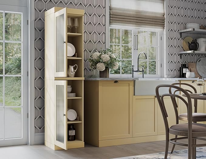 Palace Imports Solid Wood Kitchen Pantry Cabinet w/Frosted Glass Doors - Narrow Storage Cabinet - 16.5" Wide x 71.5" Tall - Yellow, Adjustable Shelves, 100% Eco-Friendly Wood, Modular Cabinets