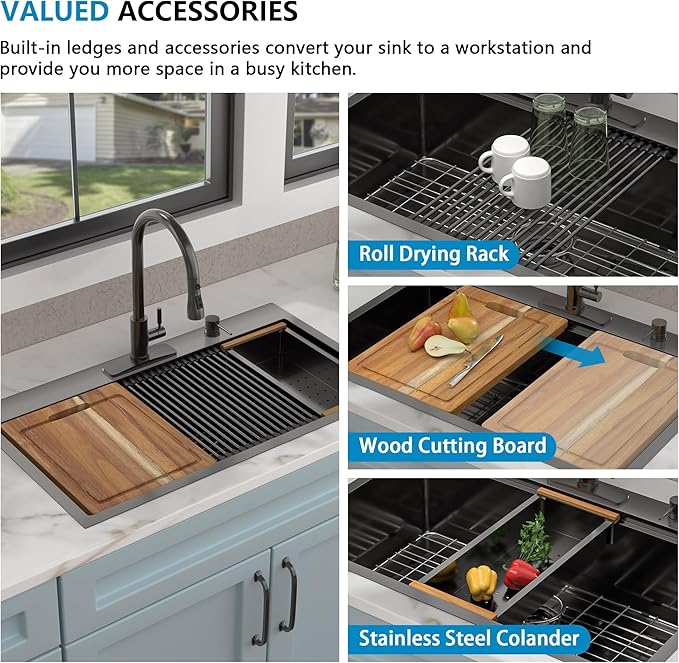 33"x19" Black Drop-In Kitchen Sink – Gunmetal Black NANO-PVD, 16-Gauge 304 Stainless Steel, Single Bowl Ledge Workstation Top Mount Kitchen Sink Basin with Accessories