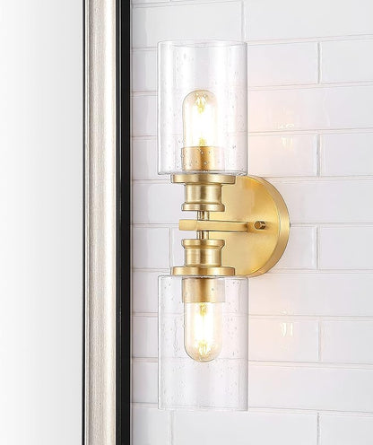 JONATHAN Y 16.5" Brass Gold 2-Light LED Wall Sconce, Modern Farmhouse Vanity Light with Seeded Glass Shade, Industrial Iron Fixture for Bathroom Mirror, LED Bulbs Included (JYL7577E)