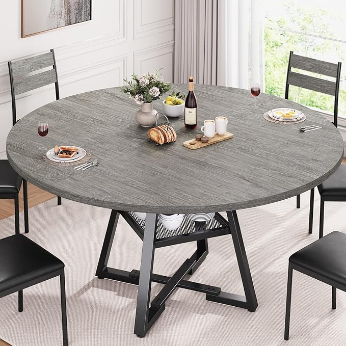 Jocoevol 51" Round Dining Table for 6,Kitchen Dining Room Circle Dinner Pedestal Table,Space Saving Wood Kitchen & Dining Room Furniture (Grey, 51In)