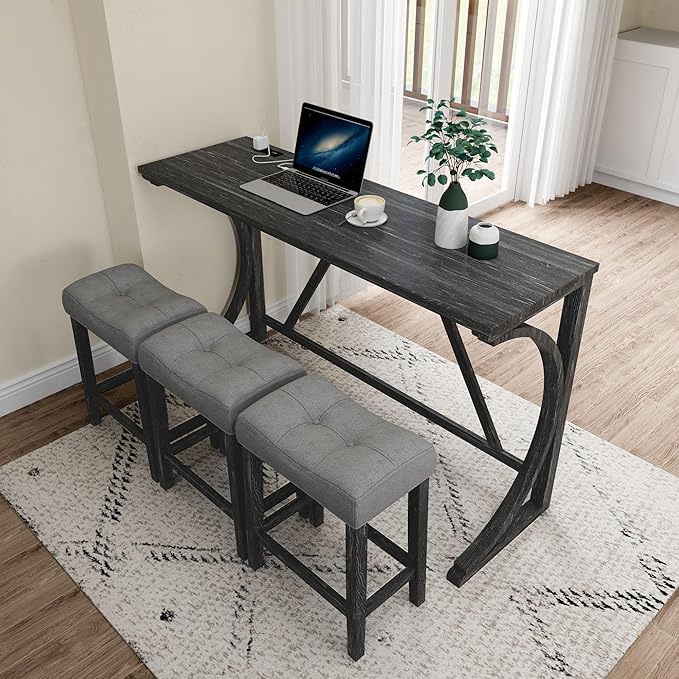 HABITRIO Bar Table and Chairs Set, 4 Piece Kitchen Table Set with Power Outlet, High Top Table with 3 Fabric stools for Small Space, Dining Room, Black