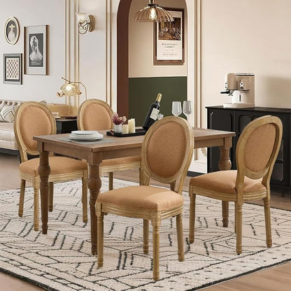 SoarFlash French Dining Chairs Set of 4, Vantage Linen Dining Chair with Round Back, Wood Leg Farmhouse Country Dining Chair for Kitchen,Bedroom,Brown