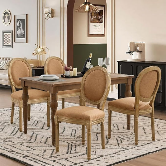SoarFlash French Dining Chairs Set of 4, Vantage Linen Dining Chair with Round Back, Wood Leg Farmhouse Country Dining Chair for Kitchen,Bedroom,Brown