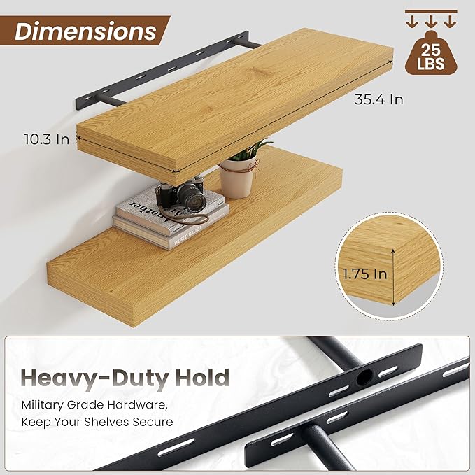Heimlove 36 Inch Floating Shelves for Wall,10 Deep Wood Shelves with Invisible Brackets,Wall Mounted Storage & Display Shelves for Bedroom,Living Room,Kitchen,Office,Oak Color