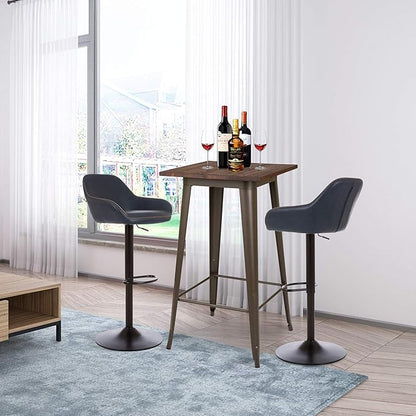 Glitzhome 3-Piece Pub Table and Chairs, Square Bar Height Adjustable Swivel PU Leather Bar Stools Set of 2, Rustic Dining Room Tables for Kitchen Island Bistro Office Living Room Small Space