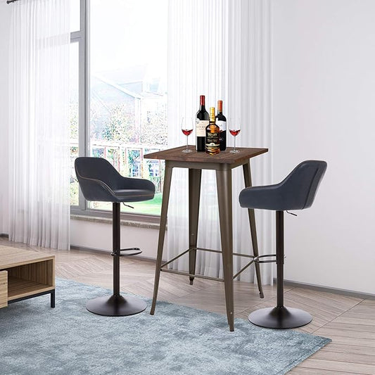Glitzhome 3-Piece Pub Table and Chairs, Square Bar Height Adjustable Swivel PU Leather Bar Stools Set of 2, Rustic Dining Room Tables for Kitchen Island Bistro Office Living Room Small Space