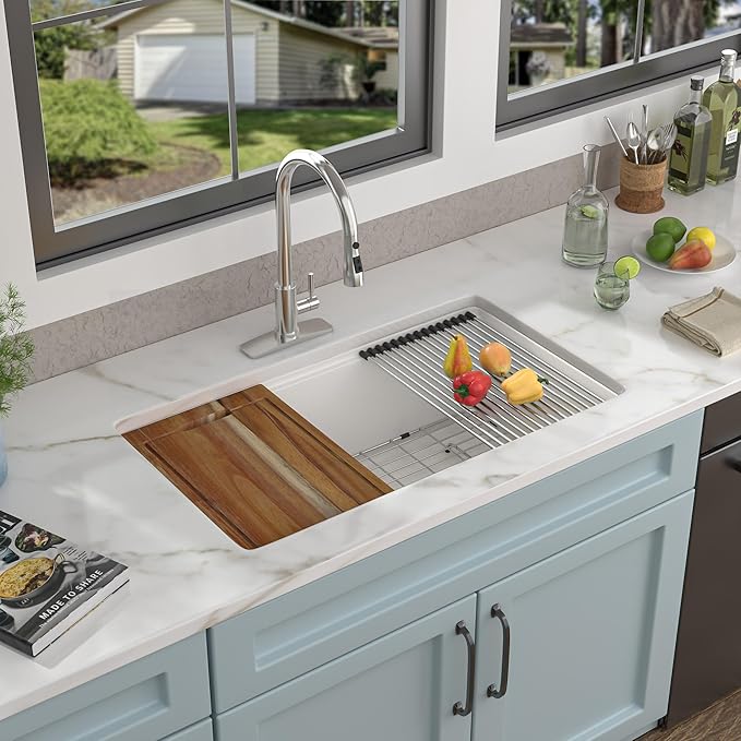33 Granite Composite Kitchen Sink - Fulorni 33"x19" Kitchen Sink Undermount Ledge Workstation White Granite Quartz Composite Under Counter Single Bowl Sink Basin