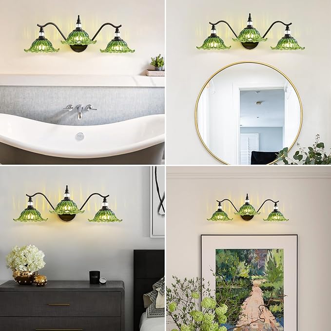 Vintage Bathroom Vanity Light Fixtures - 3 Light Antique Matte Black Bathroom Lights Fixture Over Mirror with Green Flower Glass,Retro High End Wall Mounted Vanity Lighting for Bath Powder Room