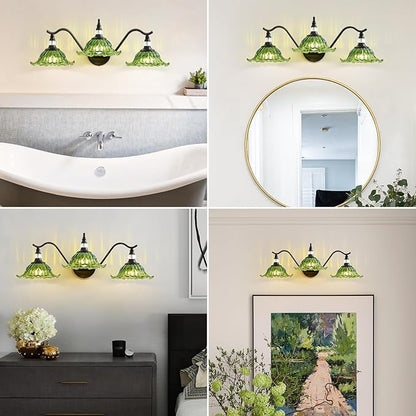 Vintage Bathroom Vanity Light Fixtures - 3 Light Antique Matte Black Bathroom Lights Fixture Over Mirror with Green Flower Glass,Retro High End Wall Mounted Vanity Lighting for Bath Powder Room