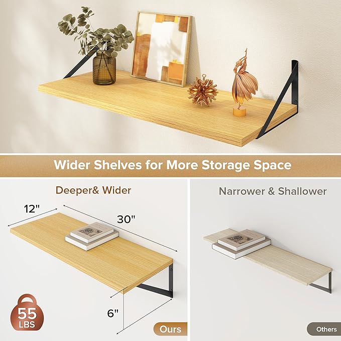 Acovy Deep Floating Shelves Wall Mounted, 30"x12" Oak Wall Shelves with Brackets Set of 2 for Bedroom, Living Room, Bathroom, Kitchen, Office - Storage & Display Shelf for Decor, Books, Plants