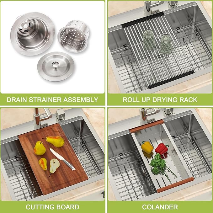 25x22 Drop In Kitchen Sink Workstation 25 Inch Stainless Steel Sink Topmount 16 Gauge Single Bowl Sink 10" Deep Countertop Basin with Accessories