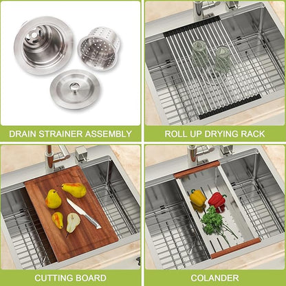 25x22 Drop In Kitchen Sink Workstation 25 Inch Stainless Steel Sink Topmount 16 Gauge Single Bowl Sink 10" Deep Countertop Basin with Accessories