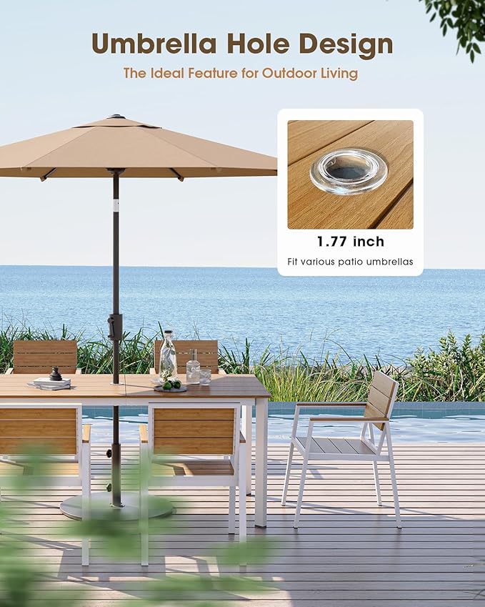 Outdoor Dining Chiars Set of 2, Aluminum Patio HDPS Outdooor Dining Chiars, All Weather Patio Furniture Set (White & Teak)