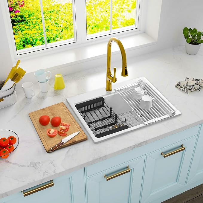 White Drop in Kitchen Sink 25 Inch - Undermount Granite Quartz Composite Workstation Sink - Deep Single Bowl,Dual Mount,with Accessories (White, 24.81" X 19.29")