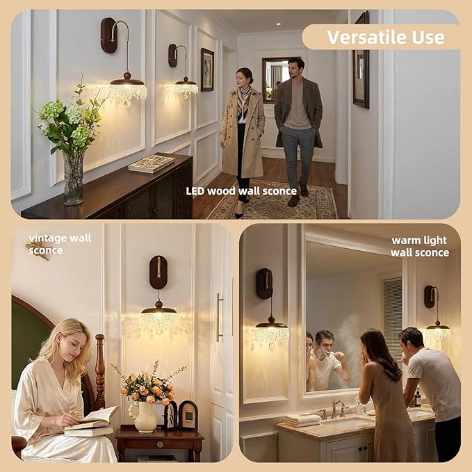 LED Wall Sconce,Wood Wall Light Fixtures,8" Indoor Hardwired Wall Light,Vintage Scones Lighting for Bedroom Living Room Bathroom Dining Room Hallway (1 Pack)
