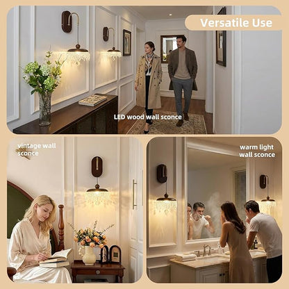 LED Wall Sconce,Wood Wall Light Fixtures,8" Indoor Hardwired Wall Light,Vintage Scones Lighting for Bedroom Living Room Bathroom Dining Room Hallway (1 Pack)
