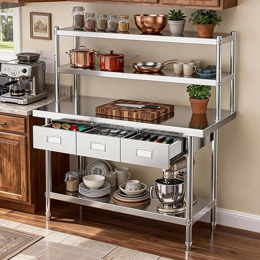 DWVO 60x24in Stainless Steel Table, NSF Metal Prep Worktable with Adjustable Overshelf & 3 Drawers for Kitchen Restaurant Hotel Garage Warehouse Home