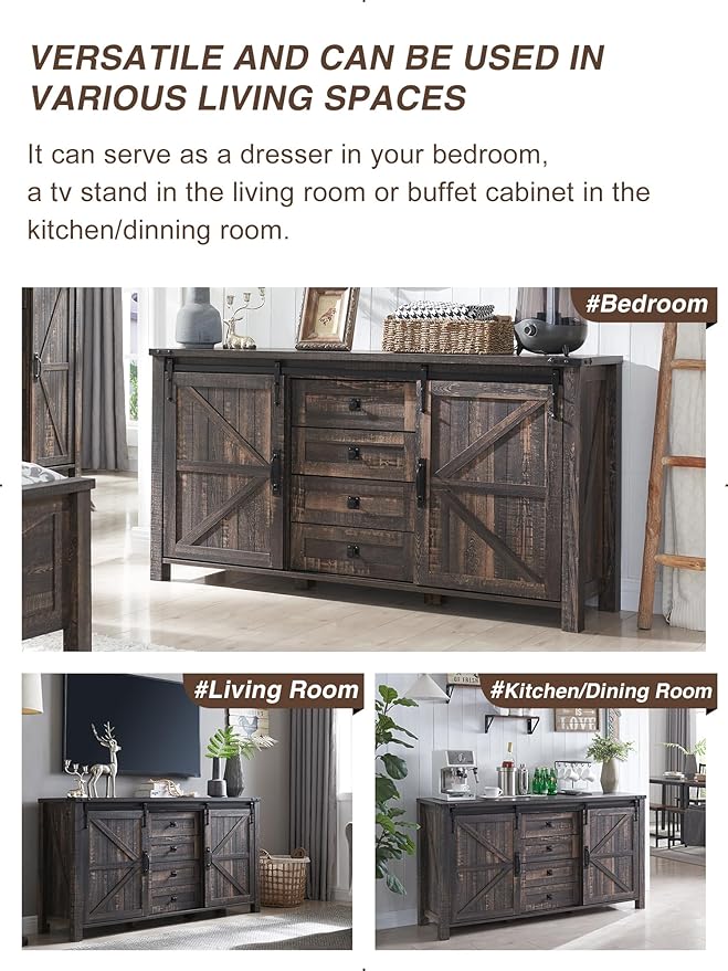 T4TREAM Farmhouse Sideboard Buffet Cabinet with Storage, 60" Large Kitchen Cabinet w/Sliding Barn Doors and 4 Drawers, 31.2'' Tall Rustic Wood Coffee Bar Table for Dining Room, Dark Rustic Oak