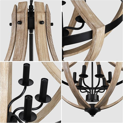 6-Light Large Rustic Farmhouse Dining Room Chandeliers, Adjustable Height Entryway Light Fixture, Hanging Wood Chandelier for Kitchen Island Foyer Stairwell Office