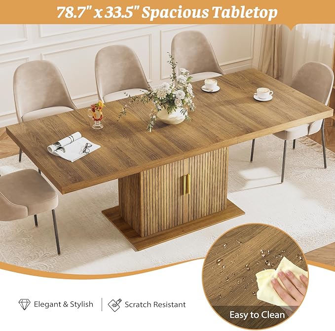 Zevemomo 62.99"-78.74" Expandable Dining Table with Storage, Extendable Dining Table for 6-10 People, Extra Hidden Storage for Tableware & Wine, Modern Farmhouse Table for Kitchen Living Room-Brown